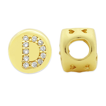 Brass Micro Pave Clear Cubic Zirconia Beads, Flat Round with Letter, Letter.D, 7.5x6.5mm, Hole: 3.5mm, 3pcs/bag