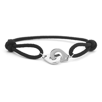 316L Surgical Stainless Steel Handcuff Link Bracelet, Polyester Braided Cord Adjustable Bracelet for Men Women, Black, 7-7/8 inch(20cm)
