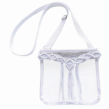 Transparent PVC Adjustable Crossbody Bags for Women, Macrame Cotton Cord Tassel Bohemian Style Shoulder Bag, White, 21.5x23cm