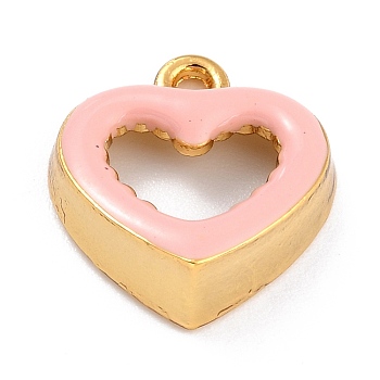 Golden Alloy Enamel Pendants, Long-Lasting Plated, Hollow Heart, Pink, 18x17x6mm, Hole: 1.8mm