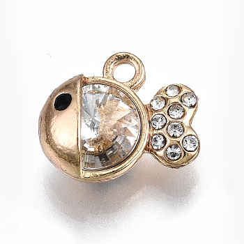 Alloy Charms, with Rhinestones, Cadmium Free & Lead Free, Fish, Light Gold, Crystal, 11.5x14.5x7mm, Hole: 1.8mm