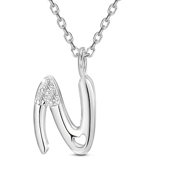 SHEGRACE Rhodium Plated 925 Sterling Silver Initial Pendant Necklaces, with Grade AAA Cubic Zirconia and Cable Chains, Platinum, Letter.N, 15.74 inch(40cm)
