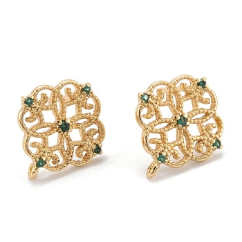Brass Stud Earring Findings, with Cubic Zirconia and Loop, Real 18K Gold Plated, Flower, Green, 13.5x12mm, Hole: 0.8mm, Pin: 0.8mm