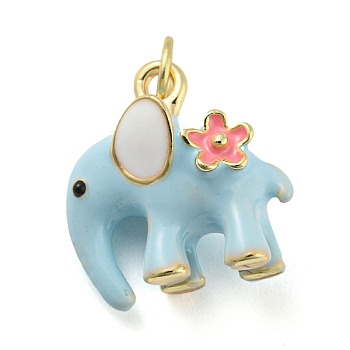 Elephant Rack Plating Brass Enamel Pendants, with Jump Ring, Long-Lasting Plated, Cadmium Free & Lead Free, Real 18K Gold Plated, Light Blue, 15x14.5x9.5mm, Hole: 3.8mm