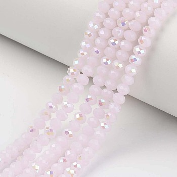 Electroplate Glass Beads Strands, Imitation Jade Beads, Half Plated, Rainbow Plated, Faceted, Rondelle, Pink, 2x1.5mm, Hole: 0.4mm, about 195pcs/strand, 11 inch(27.5cm)