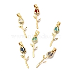 Brass Pave Cubic Zirconia Pendants, Flower Charms, with Glass, Cadmium Free & Lead Free, Long-Lasting Plated, Rack Plating, Real 18K Gold Plated, Mixed Color, 29x9x4mm, Hole: 5x3.5mm(KK-A296-50G)
