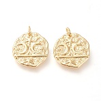 Brass Pendants, with Jump Rings, Long-Lasting Plated, Flat Round with Moon & Star, Real 18K Gold Plated, 19.5x17.7x3.2mm, Jump Ring: 5x1mm, Inner Diameter: 3mm(KK-L006-025G)