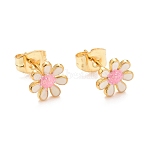 304 Stainless Steel Enamel Stud Earrings, with 316 Surgical Stainless Steel Pin & Glitter Powder, Golden, Daisy Flower, White, 8x8x1.5mm, Pin: 0.8mm(EJEW-B009-18G-04)