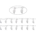 Tarnish Resistant Handmade 304 Stainless Steel Scalloped Bar Link Chains, Soldered, with Leaf Charms and Card Paper, Stainless Steel Color, Bar Link: 16x2x3mm, Leaf: 14x6x0.5mm, about 16.4 Feet(5m)/card(CHS-L024-001P)