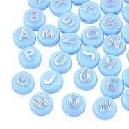 Plating Opaque Acrylic Beads, Metal Enlaced, Flat Round with Letter, Sky Blue, 10x6mm, Hole: 1.8mm, about 632pcs/200g(MACR-SZ0001-46C)