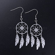 201 Stainless Steel Chandelier Earrings, Woven Net/Web with Feather, Stainless Steel Color, 70x20mm, Pin: 0.7mm(STAS-S105-JN360-1)