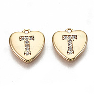 Brass Micro Pave Clear Cubic Zirconia Charms, Nickel Free, Real 18K Gold Plated, Flat Heart, Letter.T, 10x10x1mm, Hole: 1mm(KK-N231-234T-NF)