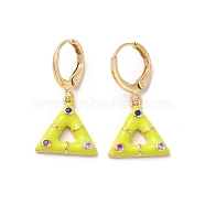 Triangle Real 18K Gold Plated Brass Dangle Leverback Earrings, with Enamel and Cubic Zirconia, Yellow, 27x13.5mm(EJEW-L268-030G-02)