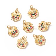 Rack Plating Brass  Enamel Pendants, Cadmium Free & Lead Free & Nickle Free, with Jump Ring, Nuggets with Butterfly, Real 18K Gold Plated, 13x11x1.5mm, Jump Ring: 5x0.6mm, Inner Diameter: 3.5mm(KK-M230-26G)