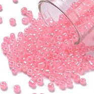 8/0 Ceylon Round Glass Seed Beads, Pink, Size: about 3mm in diameter, hole:1mm, about 1101pcs/50g(X-SEED-A011-3mm-145)