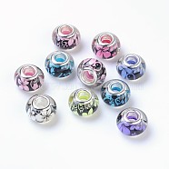 Large Hole Flower Pattern Resin European Beads, with Silver Color Plated Brass Double Cores, Rondelle, Mixed Color, 14x9mm, Hole: 5mm(OPDL-R120-M1)