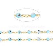 Handmade Evil Eye Lampwork Round Beaded Chains, with Brass Findings, Unwelded, Spool, Long-Lasting Plated, Golden, Light Sky Blue, 12.5x2.8x4x1.5mm, Beads: 4mm, about 32.8 Feet(10m)/roll(CHC-G009-A-G01)