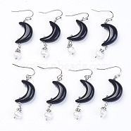 Natural Obsidian Dangle Earring, Crescent Moon Earrings, with Brass Earring Hooks and Alloy Findings, Natural Pearl, Platinum, 51~62x16x8~9mm, pin: 0.6mm.(EJEW-G254-B05)
