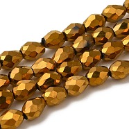 Electroplate Glass Beads Strands, Faceted, teardrop, Gold Plated, 7x5mm, Hole: 1mm, about 65~67pcs/strand, 18~18.5 inch(45.5~46.9cm)(X-EGLA-D017-7x5mm-3)