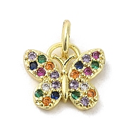 Real 18K Gold Plated Brass Pave Cubic Zirconia Pendants, with Jump Rings, Butterfly, Colorful, 9x10.5x2mm, Hole: 3mm(KK-M283-11H-02)