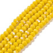 Electroplate Opaque Solid Color Glass Beads Strands, Half Rainbow Plated, Faceted, Rondelle, Yellow, 4x3mm, Hole: 0.4mm, about 113~115pcs/strand, 41~42cm(EGLA-A034-P4mm-L02)