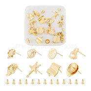 16Pcs 8 Style Brass Stud Earring Findings, with Horizontal Loops and 20Pcs 304 Stainless Steel Ear Nuts, Rectangle & Twist & Starfish & Flower, Golden, 10.7~19x9.5~15mm, Hole: 1~1.6mm, Pin: 0.7~1.3mm, 2Pcs/style(FIND-TA0001-85)