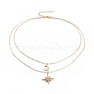Double Layered Necklaces, with Brass Cable Chain Necklace, 304 Stainless Steel Lobster Claw Clasps, Brass Micro Pave Cubic Zirconia Pendant and Cardboard Packing Box, Star & Moon, Golden, 15.55 inch(39.5cm)(NJEW-JN02674)