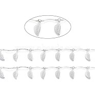 Handmade 304 Stainless Steel Scalloped Bar Link Chains, Soldered, with Leaf Charms and Card Paper, Stainless Steel Color, Bar Link: 16x2x3mm, Leaf: 14x6x0.5mm, about 16.4 Feet(5m)/card(CHS-L024-001P)