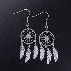 201 Stainless Steel Chandelier Earrings, Woven Net/Web with Feather, Stainless Steel Color, 70x20mm; Pin: 0.7mm(STAS-S105-JN360-1)