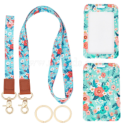 SUNNYCLUE Flower Pattern PVC Plastic ID Badge Holder Sets, include Ployester Belt, ID Card Holders with Clear Window, Rectangle, Cyan, Card: 110x68x5mm, 1 set/box(AJEW-SC0002-26C)