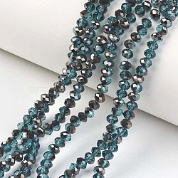Electroplate Transparent Glass Beads Strands, Half Black Plated, Faceted, Rondelle, Teal, 4x3mm, Hole: 0.4mm, about 123~127pcs/strand, 16.5~16.9 inch(42~43cm)(EGLA-A034-T4mm-P02)