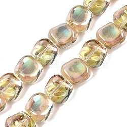 Electroplate Glass Beads Strands, Pearl Luster Plated, Square, Gold, 10.5x10.5~11x6.5mm, Hole: 1mm, about 59~60pcs/strand, 25.12~25.59 inch(63.8~65cm)(EGLA-N012-07J)