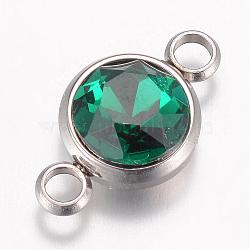 K9 Glass Links connectors, Faceted, with 304 Stainless Steel Findings, Flat Round, Stainless Steel Color, Emerald, 17.5x10x6.5mm, Hole: 2.5mm(GLAA-G017-P05)