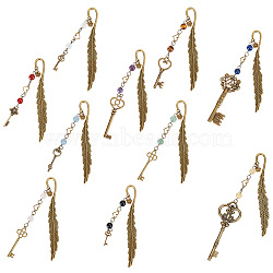10Pcs 10 Style Tibetan Style Alloy Gemstone Bookmark, Feather with Key, Antique Bronze, 182~245mm, 1pc/style(AJEW-AB00033)