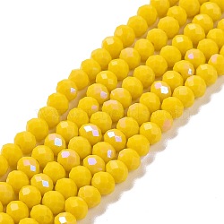Electroplate Opaque Solid Color Glass Beads Strands, Half Rainbow Plated, Faceted, Rondelle, Yellow, 4x3mm, Hole: 0.4mm, about 123~127pcs/strand, 16.5~16.9 inch(42~43cm)(EGLA-A034-P4mm-L02)