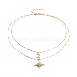 Double Layered Necklaces, with Brass Cable Chain Necklace, 304 Stainless Steel Lobster Claw Clasps, Brass Micro Pave Cubic Zirconia Pendant and Cardboard Packing Box, Star & Moon, Golden, 15.55 inch(39.5cm)(NJEW-JN02674)