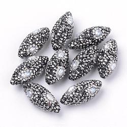 Polymer Clay Rhinestone Beads, with Pearl, Rice, Jet, 31~34x13~17mm, Hole: 1mm(RB-Q208-06)
