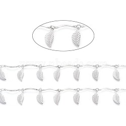 Handmade 304 Stainless Steel Scalloped Bar Link Chains, Soldered, with Leaf Charms and Card Paper, Stainless Steel Color, Bar Link: 16x2x3mm, Leaf: 14x6x0.5mm, about 16.4 Feet(5m)/card(CHS-L024-001P)