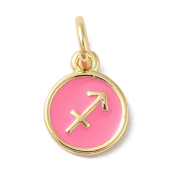 Real 18K Gold Plated Brass Enamel Charms, with Jump Ring, Long-Lasting Plated, Lead Free & Cadmium Free, Flat Round with Sagittarius Charms, Pearl Pink, 10x8x1mm, Hole: 4mm