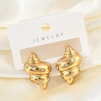 304 Stainless Steel Conch Stud Earrings, with Rhinestone, Real 18K Gold Plated, 24.5x18.5mm