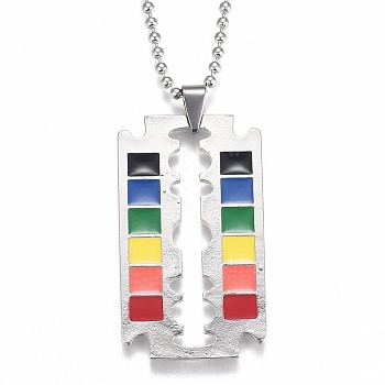Rainbow Alloy Blade Pendant Necklaces, with 304 Stainless Steel Ball Chains and Epoxy, Colorful, Stainless Steel Color, 23.62 inch(60cm)