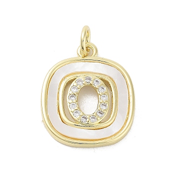 Rack Plating Brass Micro Pave Clear Cubic Zirconia Pendants, with Shell, Cadmium Free & Lead Free, Long-Lasting Plated, Real 18K Gold Plated, with Jump Ring, Letter O, 17.5x15x2.5mm, Hole: 3mm