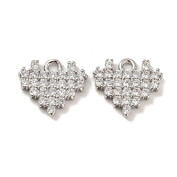 Brass Micro Pave Cubic Zirconia Charms, Heart, Real Platinum Plated, 10x11x2mm, Hole: 1.2mm