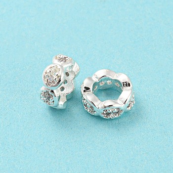 Brass Micro Pave Cubic Zirconia Beads, Long-Lasting Plated, Lead Free & Cadmium Free, Flower, Silver, 6.5x3mm, Hole: 3.8mm