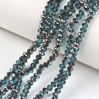 Electroplate Transparent Glass Beads Strands, Half Black Plated, Faceted, Rondelle, Teal, 4x3mm, Hole: 0.4mm, about 123~127pcs/strand, 16.5~16.9 inch(42~43cm)