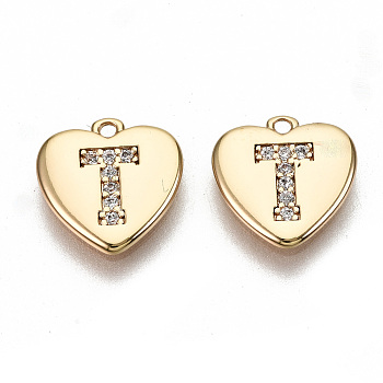Brass Micro Pave Clear Cubic Zirconia Charms, Nickel Free, Real 18K Gold Plated, Flat Heart, Letter.T, 10x10x1mm, Hole: 1mm