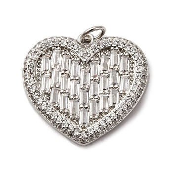Brass Micro Pave Clear Cubic Zirconia Pendants, Heart Charms, with Jump Ring, Rack Plating, Lasting Plated, Cadmium Free & Lead Free, Platinum, 21x22x3mm, Hole: 3mm