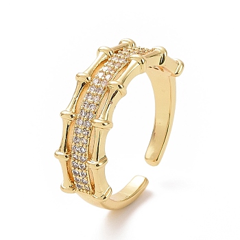 Clear Cubic Zirconia Bamboo Open Cuff Ring, Brass Jewelry for Women, Golden, Inner Diameter: 18mm