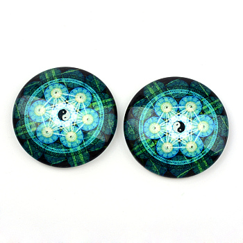 Glass Cabochons, Half Round/Dome, Kaleidoscope Pattern, Sea Green, 12x4mm