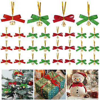 60Pcs 4 Styles Bowknot Polyester Ribbon for Gift Decoration, with Iron Bell, Mixed Color, 75~80mm, 15cs/style